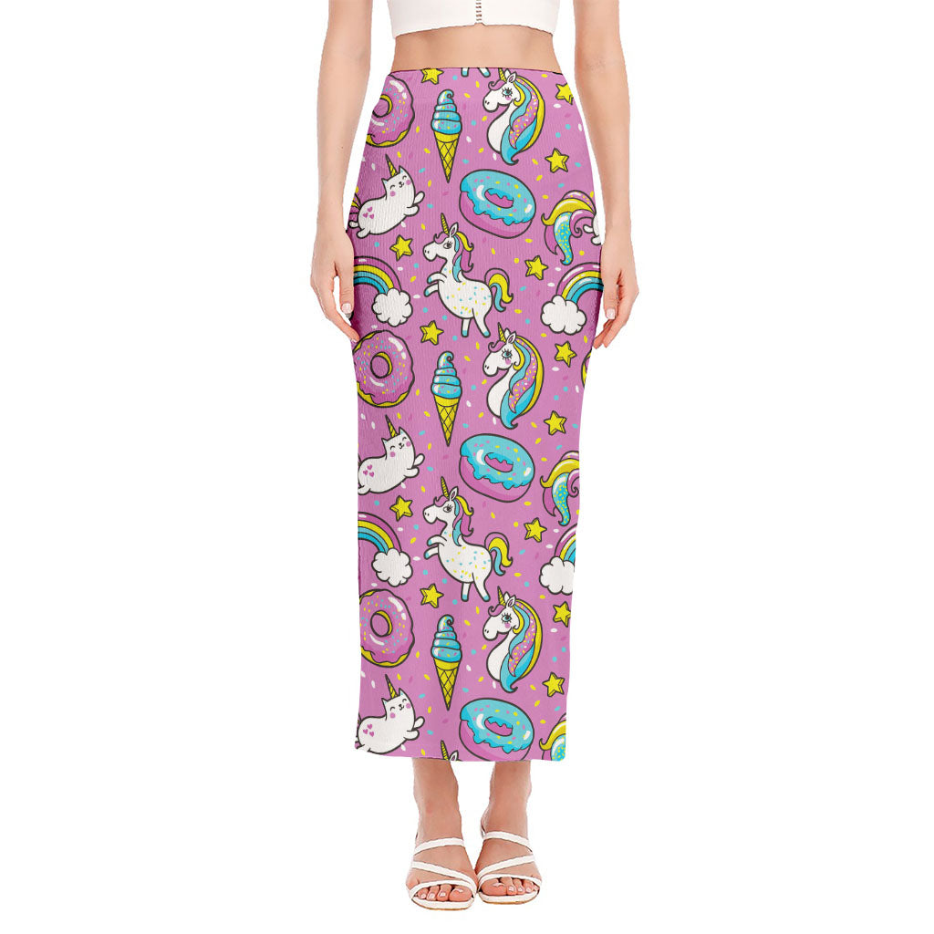 Pink Girly Unicorn Donut Pattern Print Side Slit Maxi Skirt