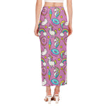 Pink Girly Unicorn Donut Pattern Print Side Slit Maxi Skirt