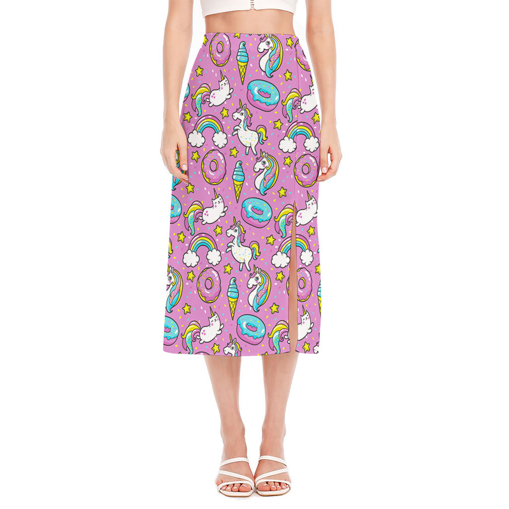 Pink Girly Unicorn Donut Pattern Print Side Slit Midi Skirt