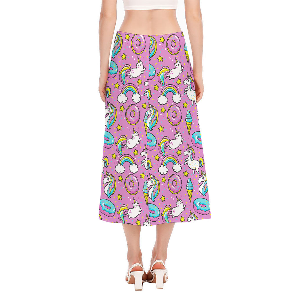 Pink Girly Unicorn Donut Pattern Print Side Slit Midi Skirt