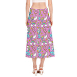 Pink Girly Unicorn Donut Pattern Print Side Slit Midi Skirt