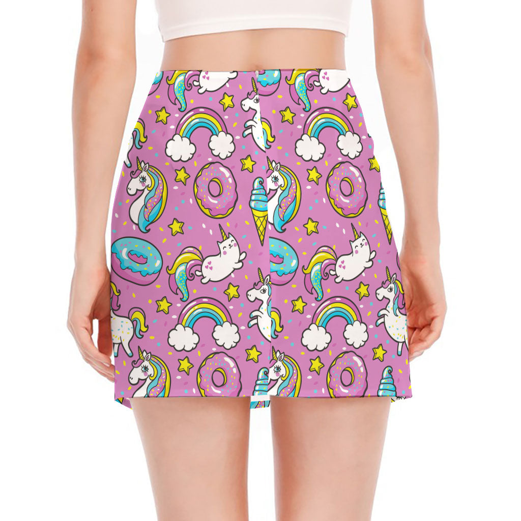 Pink Girly Unicorn Donut Pattern Print Side Slit Mini Skirt