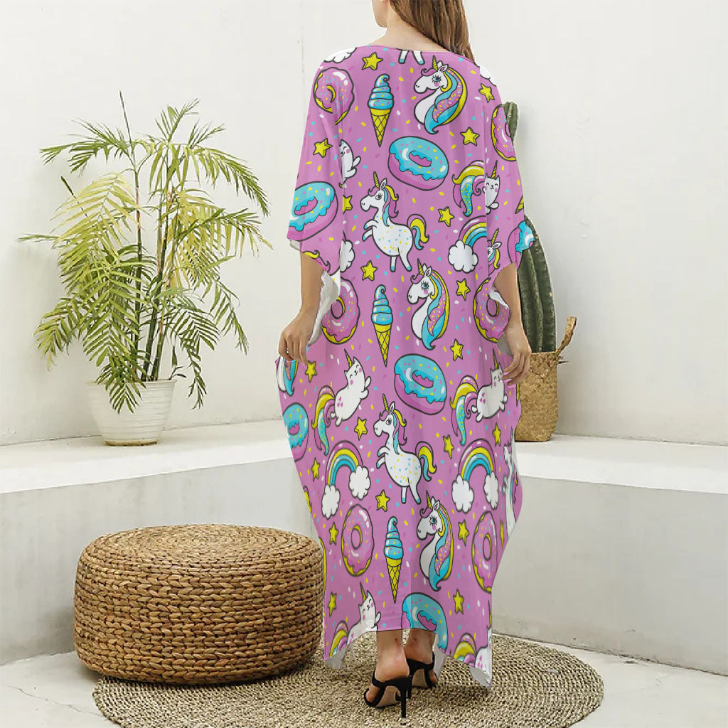 Pink Girly Unicorn Donut Pattern Print Silk V-Neck Kaftan Dress