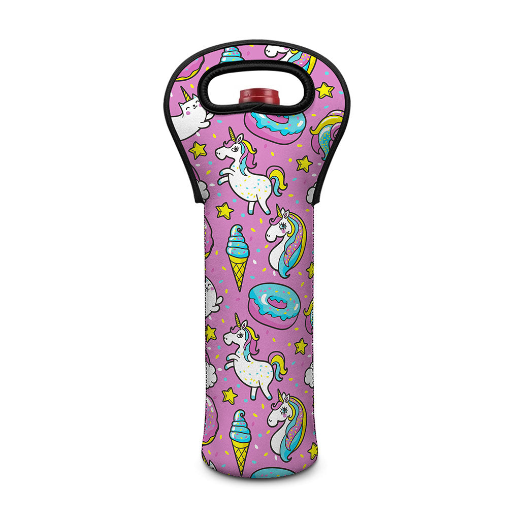 Pink Girly Unicorn Donut Pattern Print Single Neoprene Wine Tote