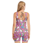 Pink Girly Unicorn Donut Pattern Print Sleeveless One Piece Swimsuit