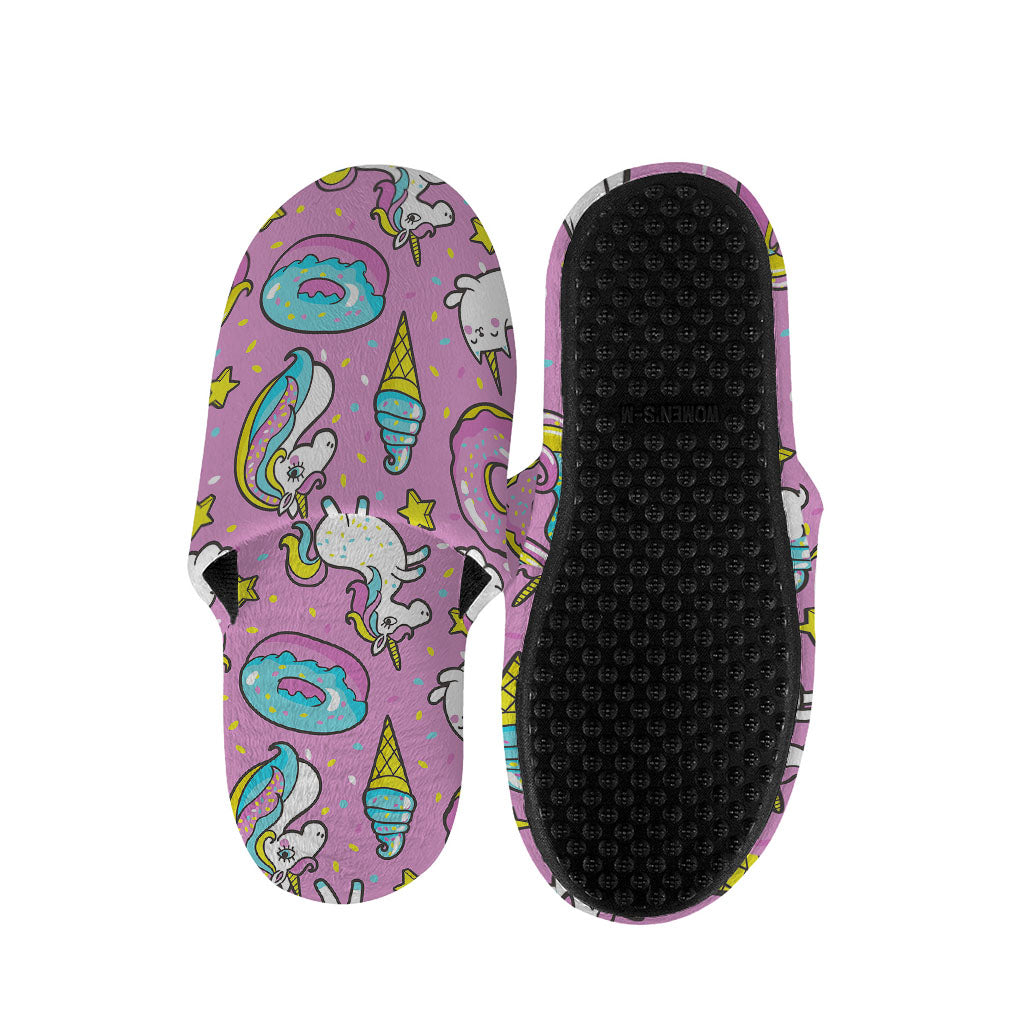 Pink Girly Unicorn Donut Pattern Print Slippers