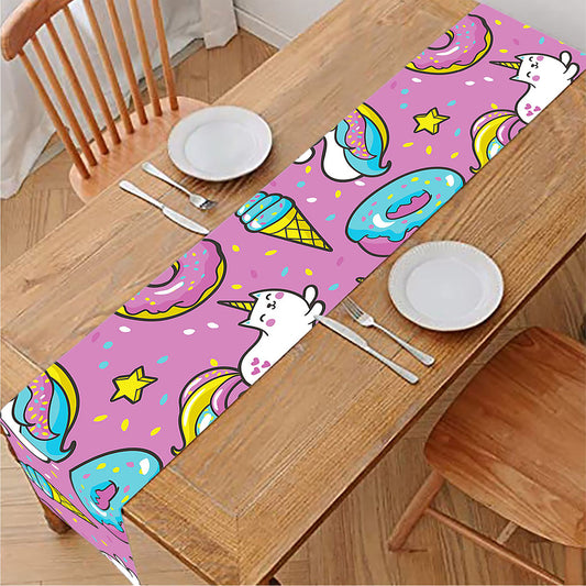 Pink Girly Unicorn Donut Pattern Print Table Runner