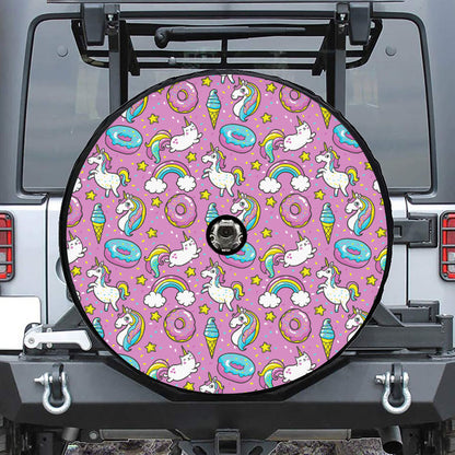 Pink Girly Unicorn Donut Pattern Print Tire Cover With Camera Hole