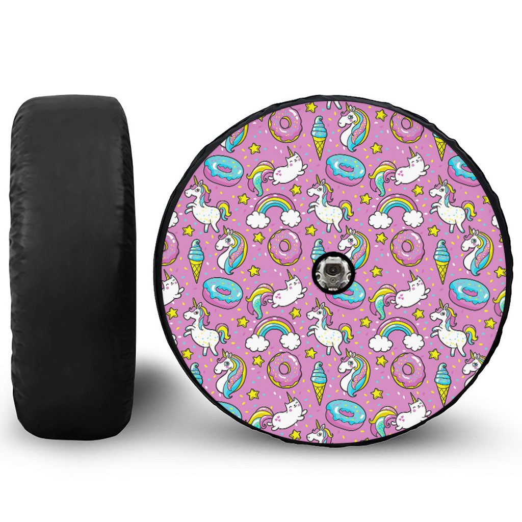 Pink Girly Unicorn Donut Pattern Print Tire Cover With Camera Hole