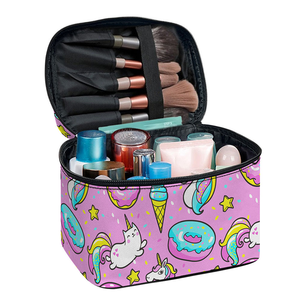 Pink Girly Unicorn Donut Pattern Print Travel Makeup Bag