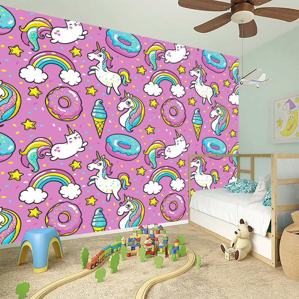 Pink Girly Unicorn Donut Pattern Print Wall Sticker