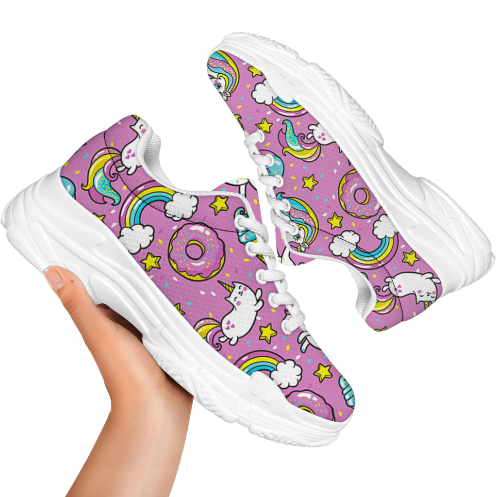 Pink Girly Unicorn Donut Pattern Print White Chunky Shoes