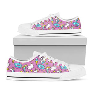 Pink Girly Unicorn Donut Pattern Print White Low Top Sneakers