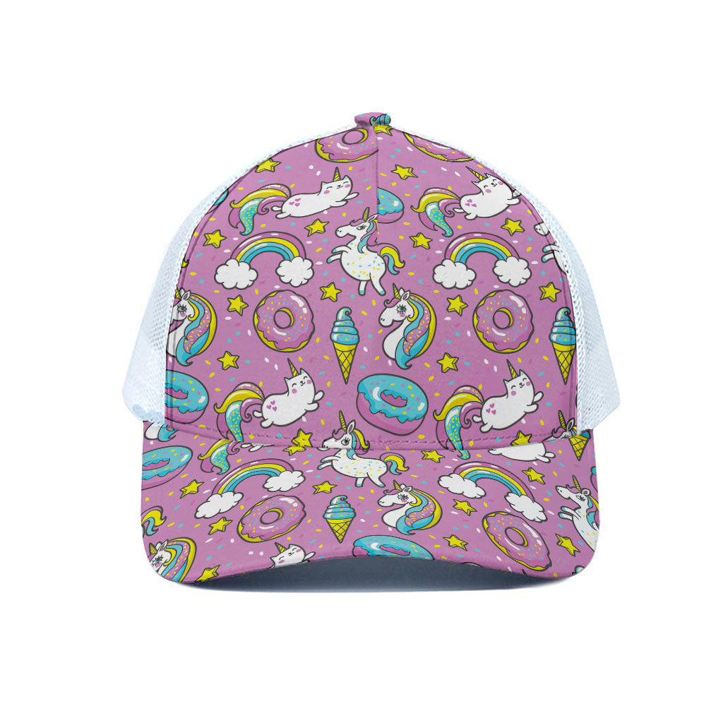 Pink Girly Unicorn Donut Pattern Print White Mesh Trucker Cap