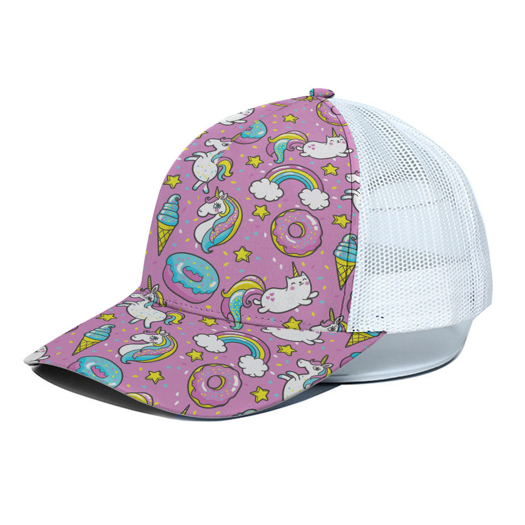 Pink Girly Unicorn Donut Pattern Print White Mesh Trucker Cap