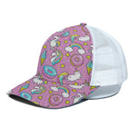 Pink Girly Unicorn Donut Pattern Print White Mesh Trucker Cap