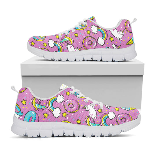 Pink Girly Unicorn Donut Pattern Print White Running Shoes
