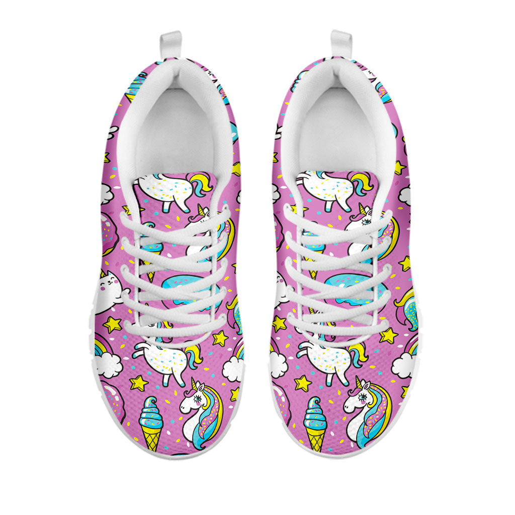 Pink Girly Unicorn Donut Pattern Print White Running Shoes