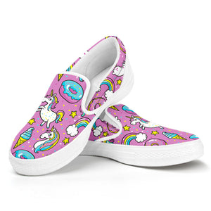 Pink Girly Unicorn Donut Pattern Print White Slip On Sneakers