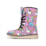 Pink Girly Unicorn Donut Pattern Print Winter Boots