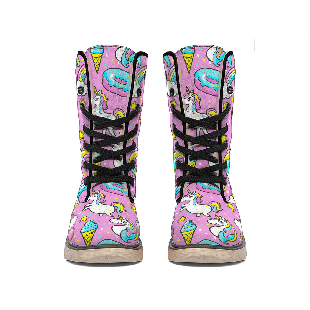 Pink Girly Unicorn Donut Pattern Print Winter Boots