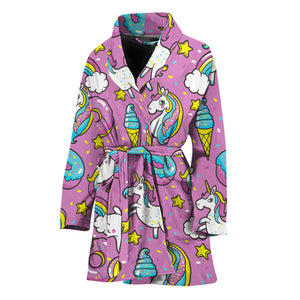 Pink Girly Unicorn Donut Pattern Print Women's Bathrobe