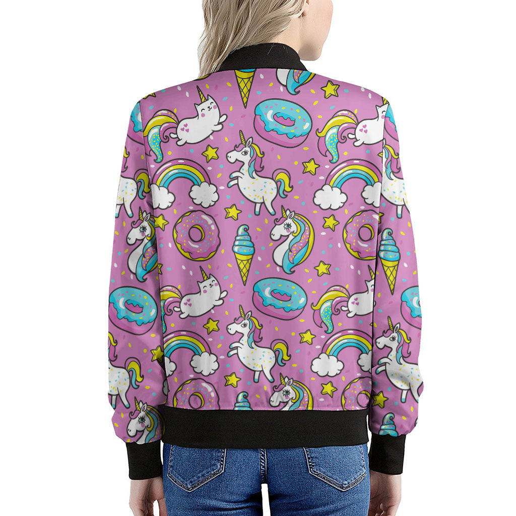 Pink Girly Unicorn Donut Pattern Print Women's Bomber Jacket