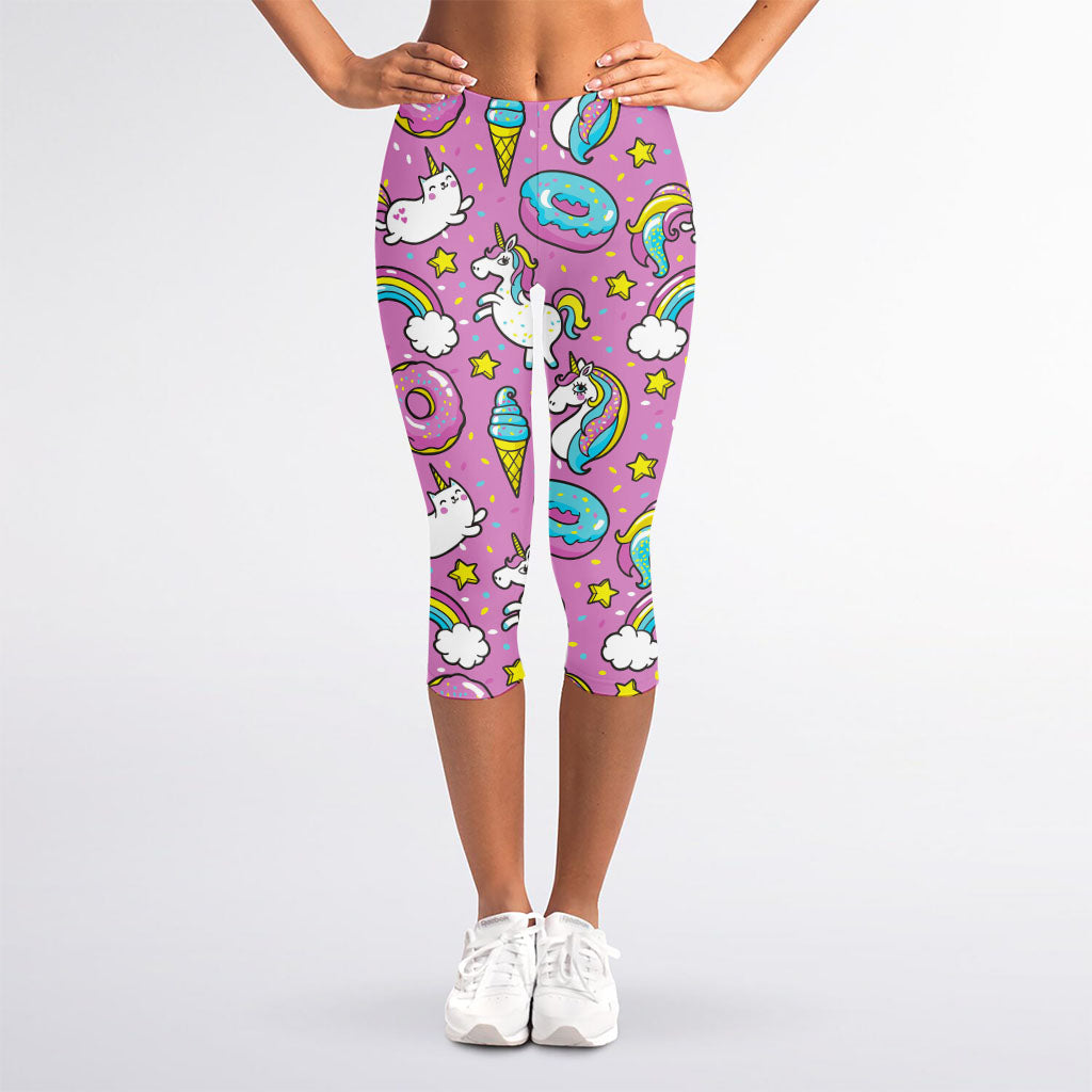 Pink Girly Unicorn Donut Pattern Print Women's Capri Leggings