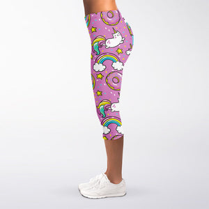 Pink Girly Unicorn Donut Pattern Print Women's Capri Leggings