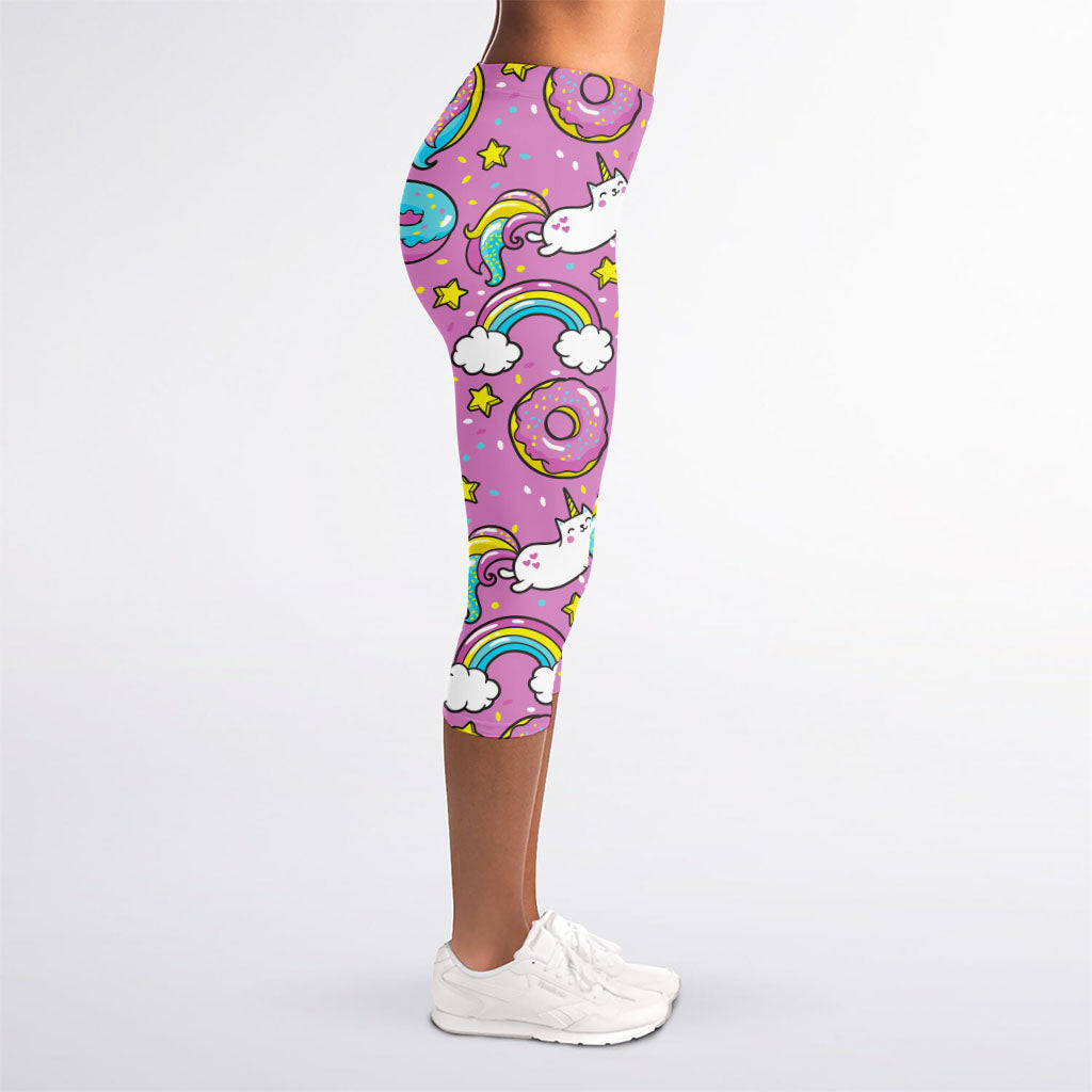 Pink Girly Unicorn Donut Pattern Print Women's Capri Leggings