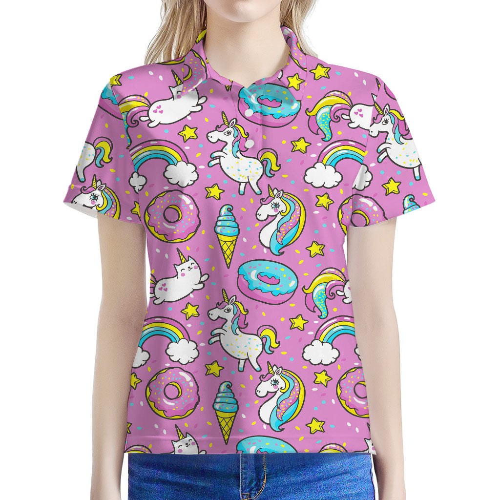 Pink Girly Unicorn Donut Pattern Print Women's Polo Shirt