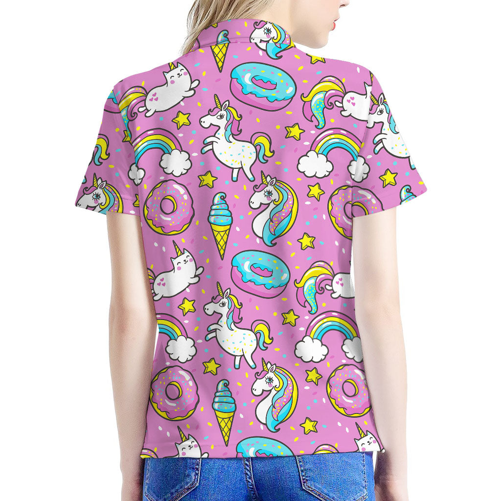 Pink Girly Unicorn Donut Pattern Print Women's Polo Shirt