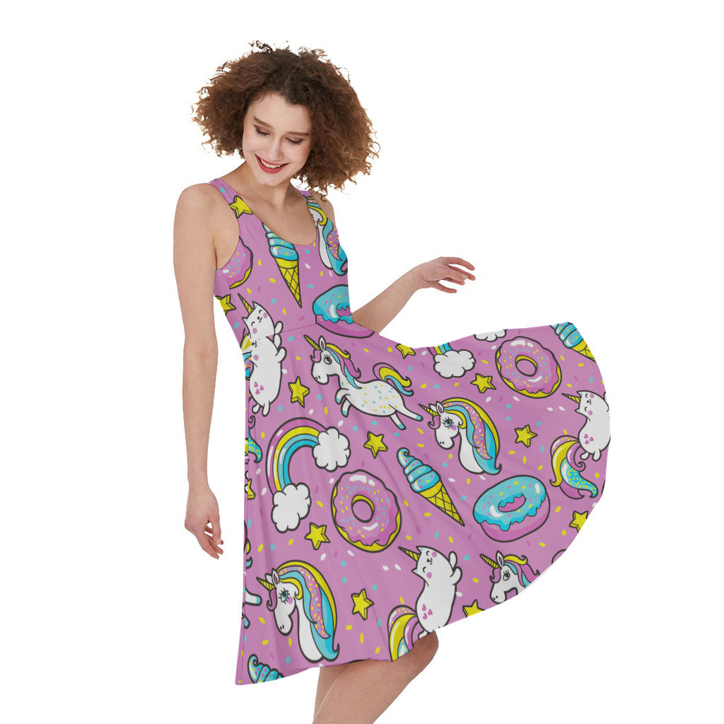 Pink Girly Unicorn Donut Pattern Print Women's Sleeveless Dress