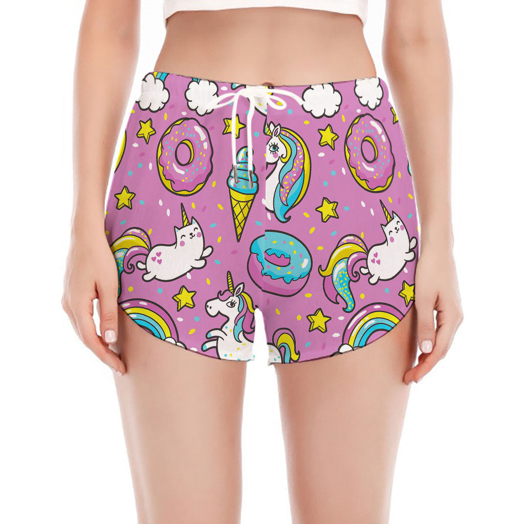 Pink Girly Unicorn Donut Pattern Print Women's Split Running Shorts