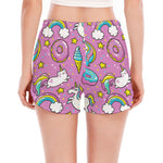 Pink Girly Unicorn Donut Pattern Print Women's Split Running Shorts