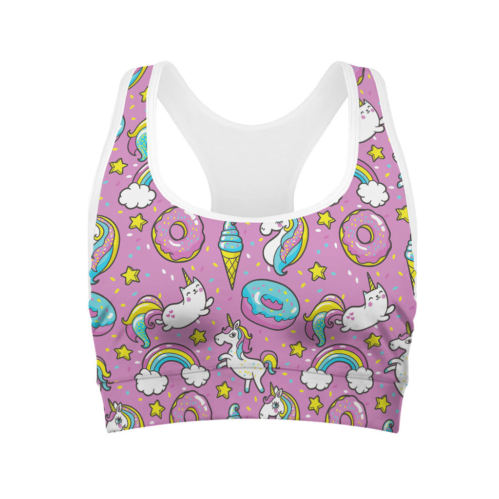 Pink Girly Unicorn Donut Pattern Print Women's Sports Bra