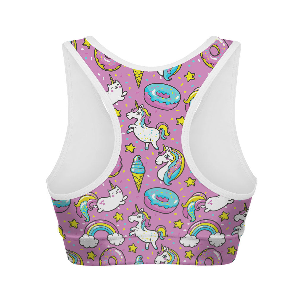 Pink Girly Unicorn Donut Pattern Print Women's Sports Bra