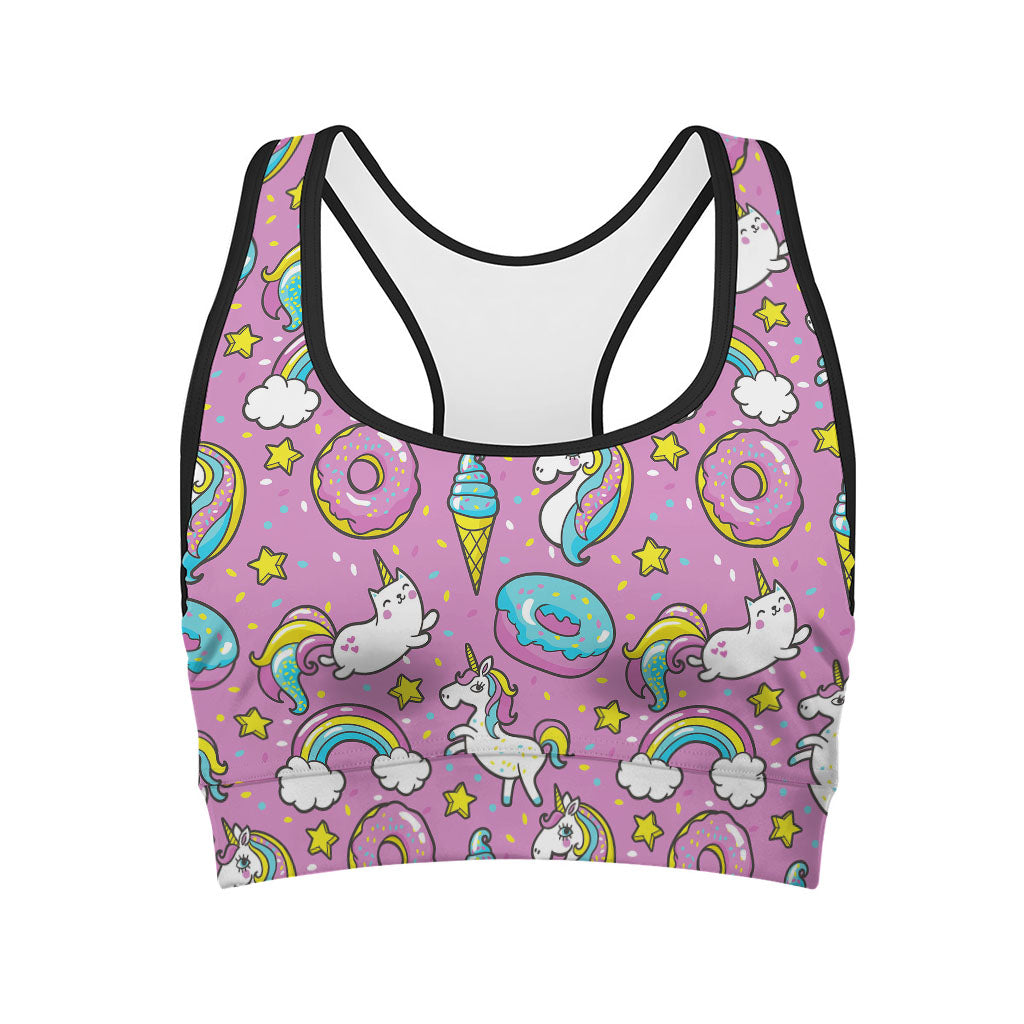 Pink Girly Unicorn Donut Pattern Print Women's Sports Bra