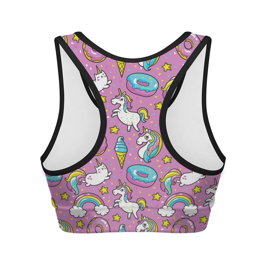 Pink Girly Unicorn Donut Pattern Print Women's Sports Bra