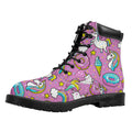 Pink Girly Unicorn Donut Pattern Print Padded Collar Lace Up Boots