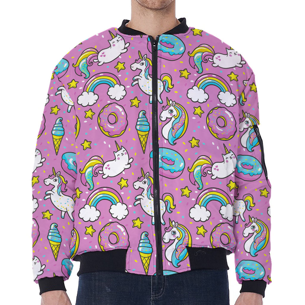 Pink Girly Unicorn Donut Pattern Print Zip Sleeve Bomber Jacket