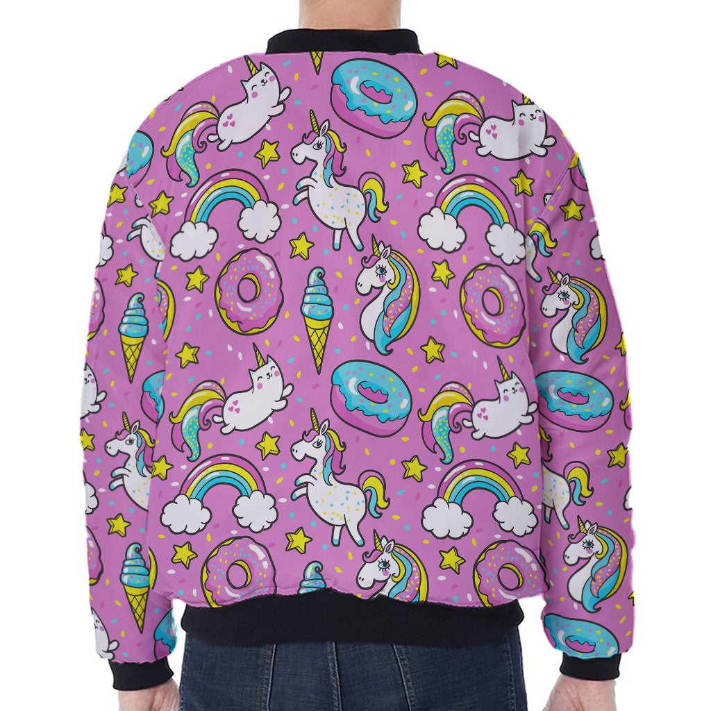 Pink Girly Unicorn Donut Pattern Print Zip Sleeve Bomber Jacket