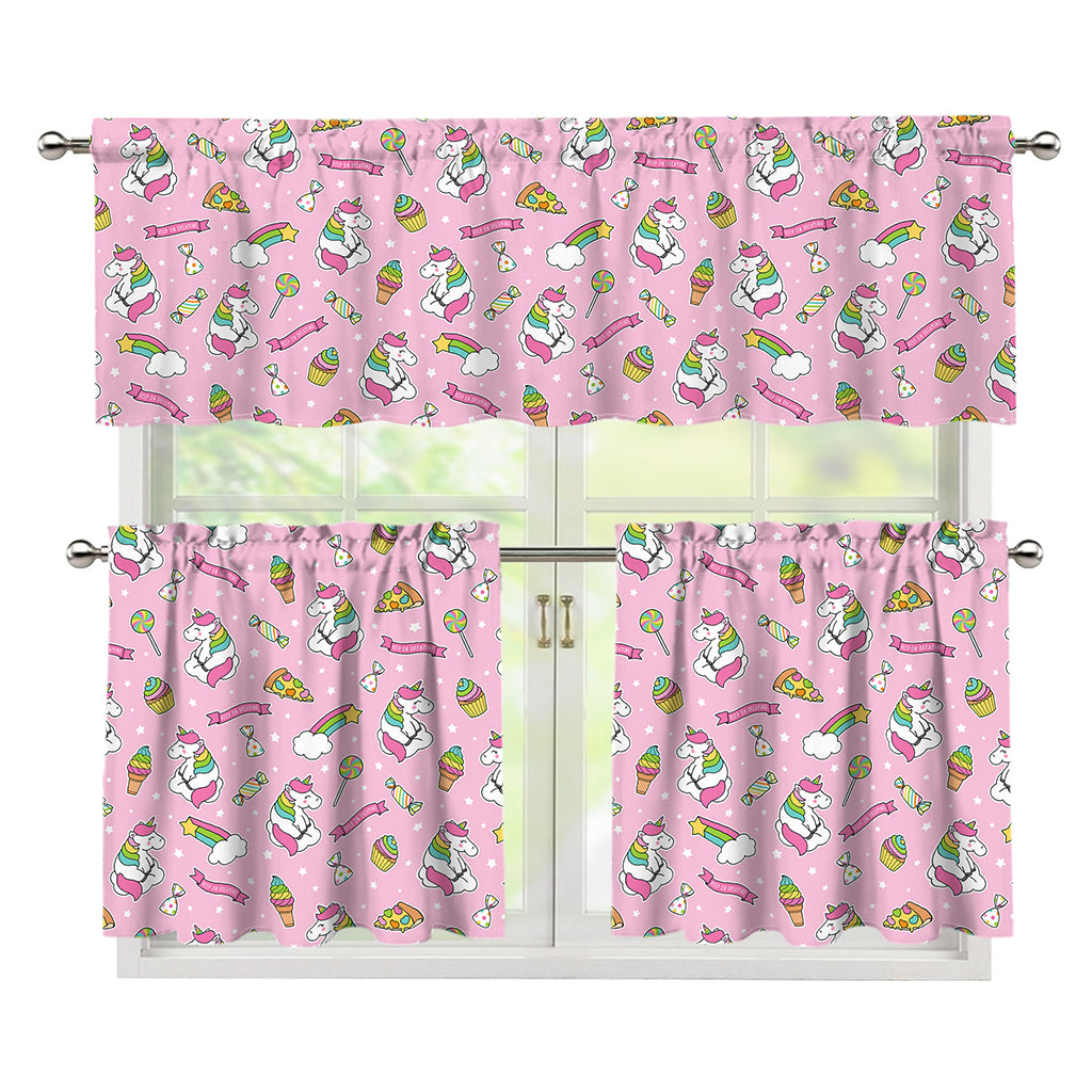 Pink Girly Unicorn Pattern Print 3 Piece Kitchen Curtains