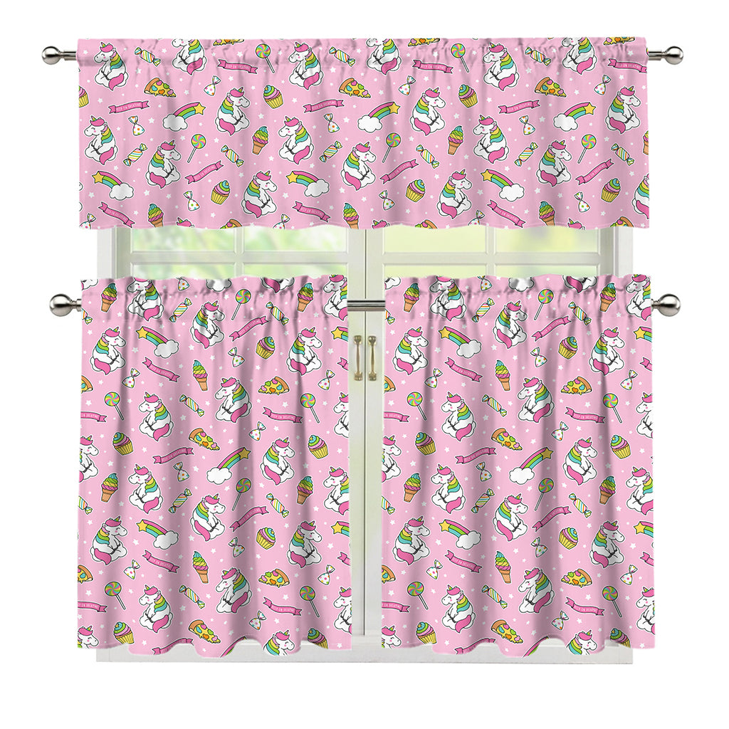 Pink Girly Unicorn Pattern Print 3 Piece Kitchen Curtains