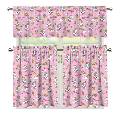 Pink Girly Unicorn Pattern Print 3 Piece Kitchen Curtains