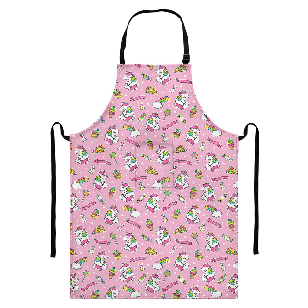Pink Girly Unicorn Pattern Print Bib Apron With Pocket