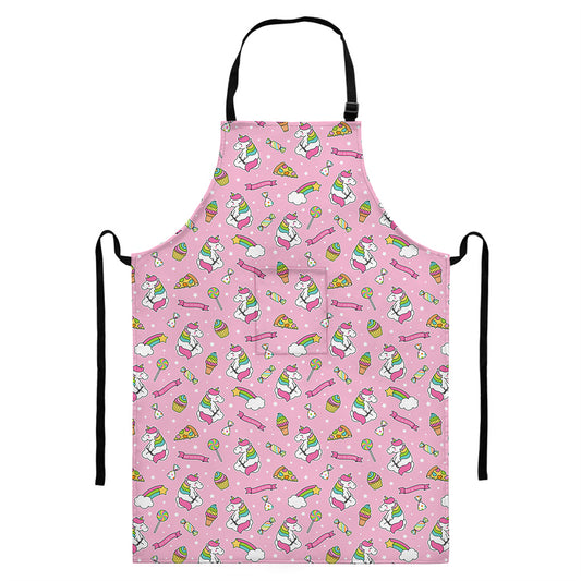 Pink Girly Unicorn Pattern Print Bib Apron With Pocket