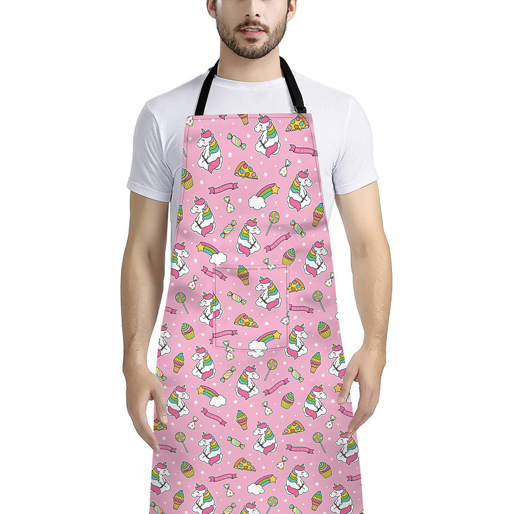 Pink Girly Unicorn Pattern Print Bib Apron With Pocket