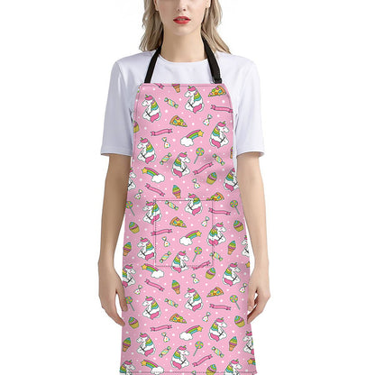 Pink Girly Unicorn Pattern Print Bib Apron With Pocket
