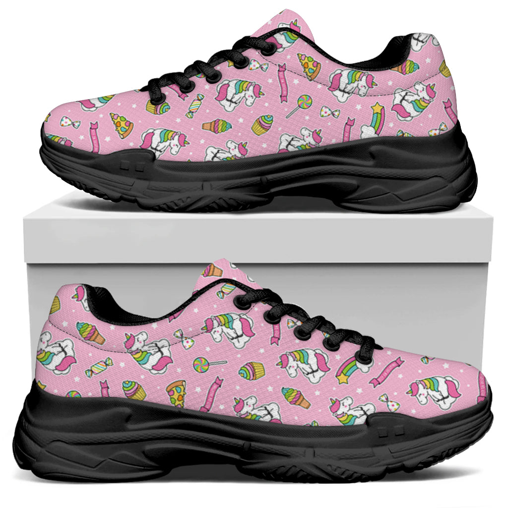 Pink Girly Unicorn Pattern Print Black Chunky Shoes